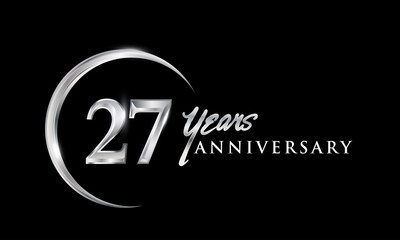 27th years anniversary celebration. Anniversary logo with silver ring elegant design isolated on black background, vector design for celebration, invitation card, and greeting card