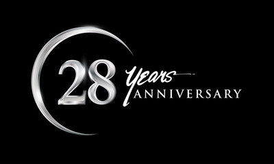 28th years anniversary celebration. Anniversary logo with silver ring elegant design isolated on black background, vector design for celebration, invitation card, and greeting card