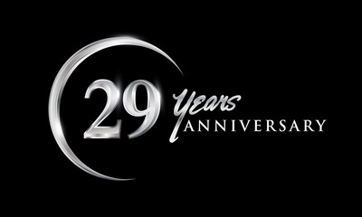29th years anniversary celebration. Anniversary logo with silver ring elegant design isolated on black background, vector design for celebration, invitation card, and greeting card