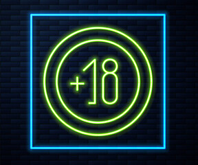 Glowing neon line Alcohol 18 plus icon isolated on brick wall background. Prohibiting alcohol beverages. Vector Illustration.