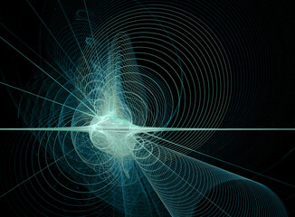 Abstract concept of an exploding star or supernova, or the big bang. Cold blue spirals radiate from a swirling light source, on a black background.