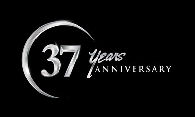37th years anniversary celebration. Anniversary logo with silver ring elegant design isolated on black background, vector design for celebration, invitation card, and greeting card