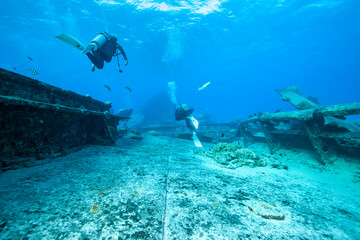 Sunken ship and scuba diver