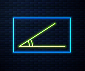 Glowing neon line Acute angle of 45 degrees icon isolated on brick wall background. Vector Illustration.
