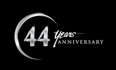 44th years anniversary celebration. Anniversary logo with silver ring elegant design isolated on black background, vector design for celebration, invitation card, and greeting card