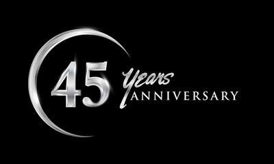 45th years anniversary celebration. Anniversary logo with silver ring elegant design isolated on black background, vector design for celebration, invitation card, and greeting card