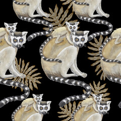 lemur with cub pattern watercolor silhouette tropical animals isolate object black background primacy