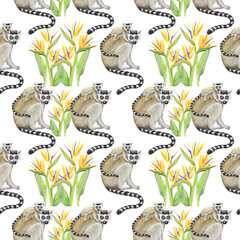 lemur with cub pattern watercolor silhouette tropical animals isolate object  background primacy