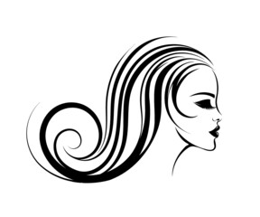 Beauty salon and hairdresser studio logo.Cosmetics, skin care and spa icon.Beautiful woman with long, wavy hairstyle, elegant makeup.Brunette profile view.Closed eyes.
