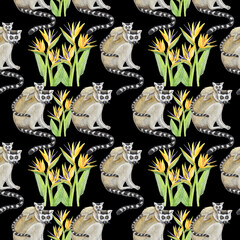 lemur with cub pattern watercolor silhouette tropical animals isolate object black background primacy