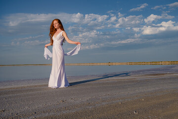 Fototapeta na wymiar Beautiful young lady with long healthy red hair and cute dress