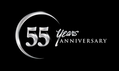 Obraz premium 55th years anniversary celebration. Anniversary logo with silver ring elegant design isolated on black background, vector design for celebration, invitation card, and greeting card