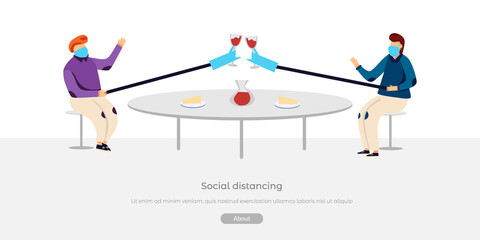 Two friends at the table drink wine with hand sticks helps. Fun flat vector concept about social distancing, quarantine, preventive measure. For banner, poster, landing page. Keep distance, stay safe