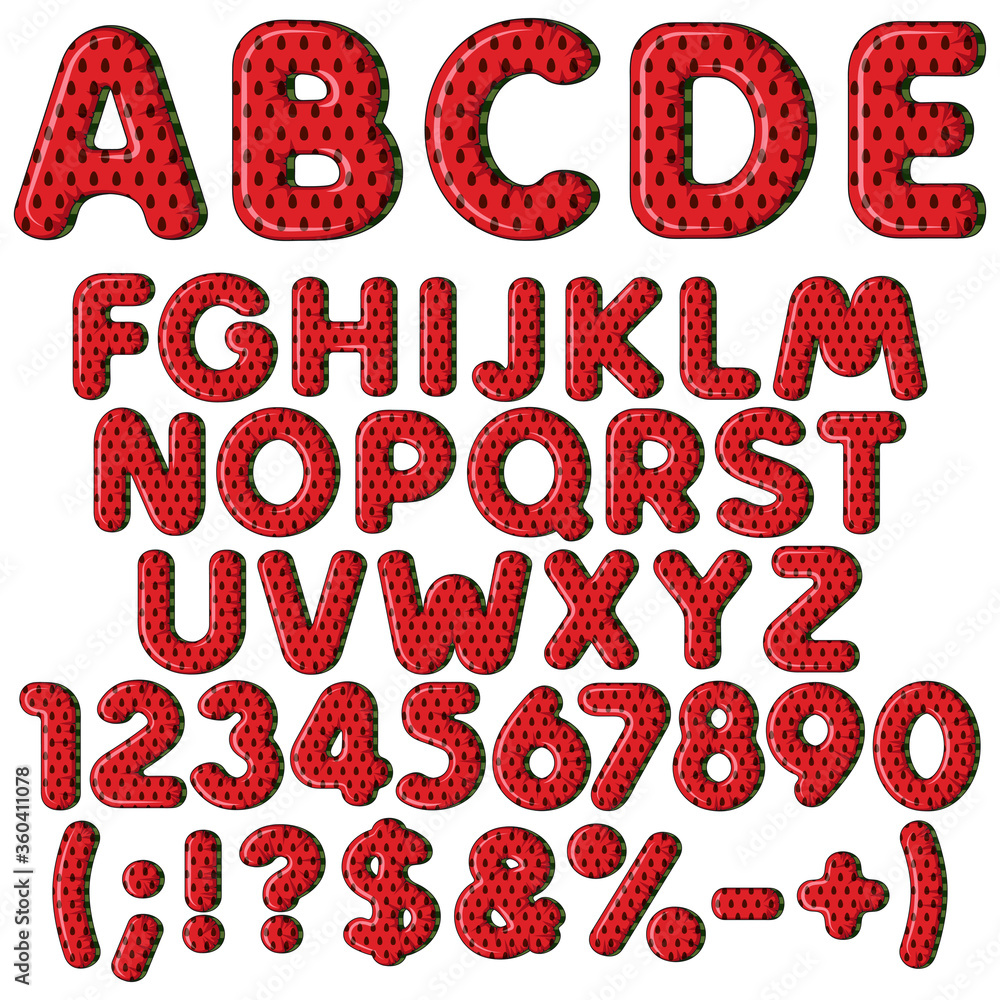 Aufkleber inflatable alphabet, letters, numbers and signs in color watermelon. set of colored isolated vector 