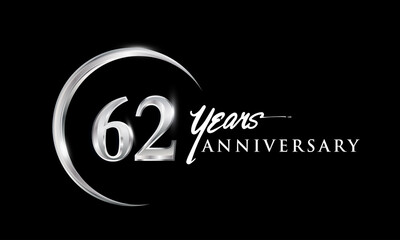 62nd years anniversary celebration. Anniversary logo with silver ring elegant design isolated on black background, vector design for celebration, invitation card, and greeting card