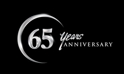 65th years anniversary celebration. Anniversary logo with silver ring elegant design isolated on black background, vector design for celebration, invitation card, and greeting card