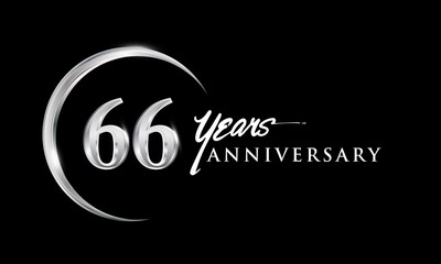 66th years anniversary celebration. Anniversary logo with silver ring elegant design isolated on black background, vector design for celebration, invitation card, and greeting card