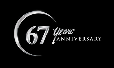 67th years anniversary celebration. Anniversary logo with silver ring elegant design isolated on black background, vector design for celebration, invitation card, and greeting card
