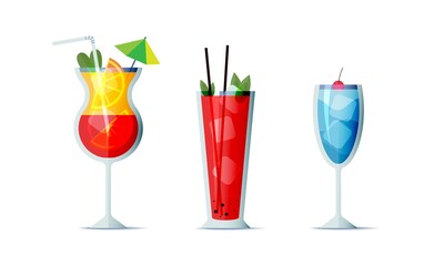 Cocktails icon set cartoon design style. Three popular alcohol drinks for design menu, posters, brochures for cafe, bar.
