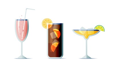 Cocktails icon set in trendy flat design style. Three popular alcohol drinks for design menu, posters, brochures for cafe, bar.
