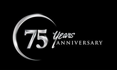 75th years anniversary celebration. Anniversary logo with silver ring elegant design isolated on black background, vector design for celebration, invitation card, and greeting card