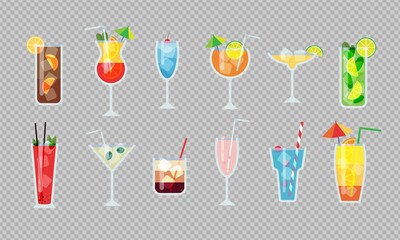 Summer cocktails set isolated on transparent background. Vector illustration
