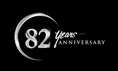 82nd years anniversary celebration. Anniversary logo with silver ring elegant design isolated on black background, vector design for celebration, invitation card, and greeting card