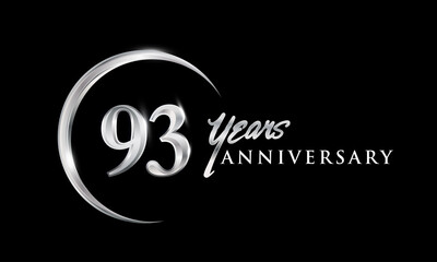 93rd years anniversary celebration. Anniversary logo with silver ring elegant design isolated on black background, vector design for celebration, invitation card, and greeting card