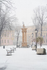 Fototapeta na wymiar Snowy spring in park Vinkovci