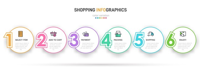 Concept of shopping process with 6 successive steps. Six colorful graphic elements. Timeline design for brochure, presentation, web site. Infographic design layout.