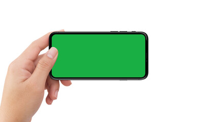 Left hand holding black mobile smartphone device green screen