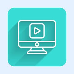 White line Online play video icon isolated with long shadow. Computer monitor and film strip with play sign. Green square button. Vector Illustration.