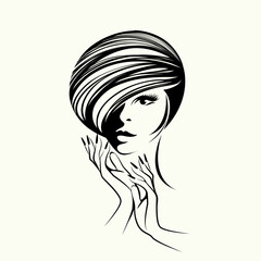 Beauty salon,  nails art and hairdresser studio logo.Cosmetics, skin care and spa icon.Beautiful woman with elegant hairstyle, makeup and manicure.