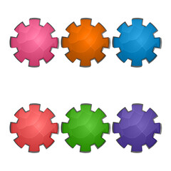 Gaming elements isolated on white background. Design for computer game. Symbols and icons. Collection buttons play for games and app. Different colors cogwheel button. Cartoon interface.