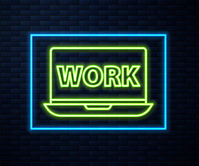 Fototapeta na wymiar Glowing neon line Laptop with text work icon isolated on brick wall background. Vector Illustration.