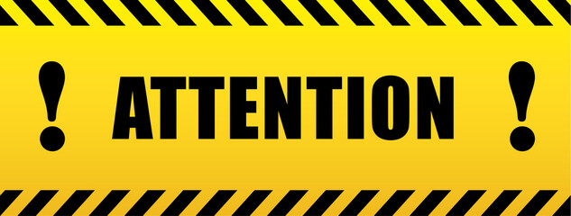 Attention with exclamation mark. black and yellow sign in striped frame. Design with attention icon for banner or poster or signboard. Danger warning. - obrazy, fototapety, plakaty