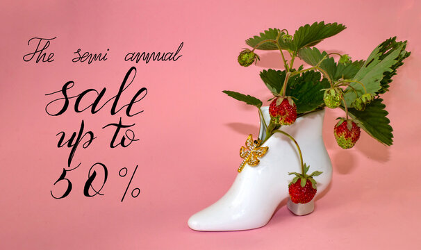 greeting card, internet banner about a 50 percent discount on a half-year sale, semi annual