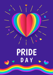 Pride Day greeting card poster vector illustration. Paper art style of Rainbow heart