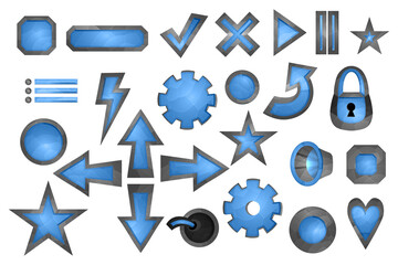 Big set of gaming elements isolated on white background. Design for computer game. Symbols and icons. Collection of buttons play for games and app. Blue and gray stone start button. Cartoon interface.