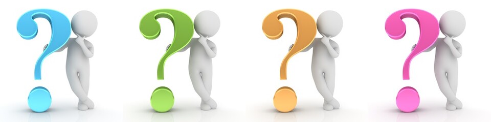 Question marks 3d pastel colored interrogation points rose green blue orange signs asking thinking white stick men query icons