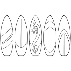 Surfboards collection. Vector black and white coloring page