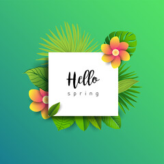 Design banner with lettering design welcome spring. Card for spring season with white green tropical leaves and floral. Promotion offer with spring plants, leaves and flowers decoration. Vector