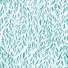 Softness monochrome floral seamless pattern. Pencil drawing turquoise abstract flowers with berries and leaves on white background. Hand drawn pattern. Template for design, wrapping, bedding.