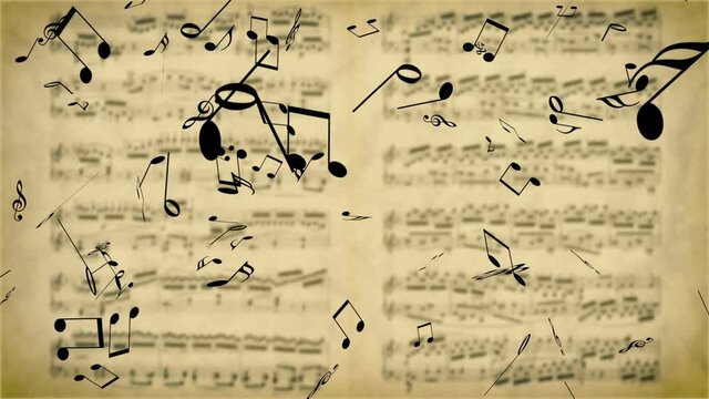 Music notes falling on the blurred background with old music sheet