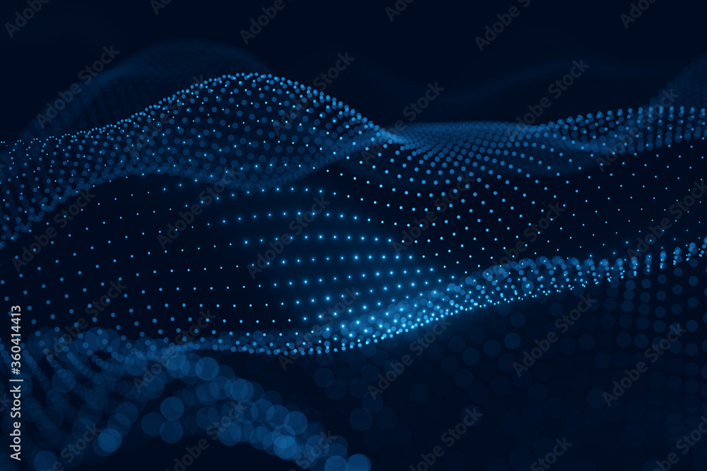 Poster Moving neon blue dots pattern forming a digital network connection on dark background