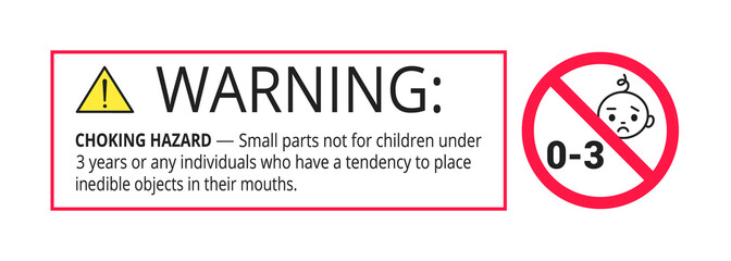 Choking hazard forbidden sign sticker not suitable for children under 3 years isolated on white background vector illustration. Warning triangle, sharp edges and small parts danger.