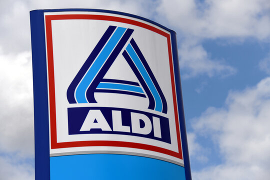Berlin / Germany - July 20, 2019: Sign at the entrance to an ALDI Nord store in Berlin, Germany  -  ALDI is the common brand of two leading global supermarket chains