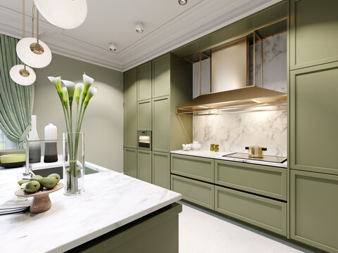 New design pistachio color kitchen with kitchen island.