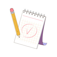 A notepad for taking notes. The pencil writing note. Mark done. Vector illustration isolated on a white background