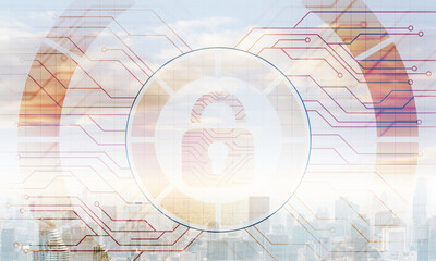 Obraz premium Virtual locking mechanism on background downtown